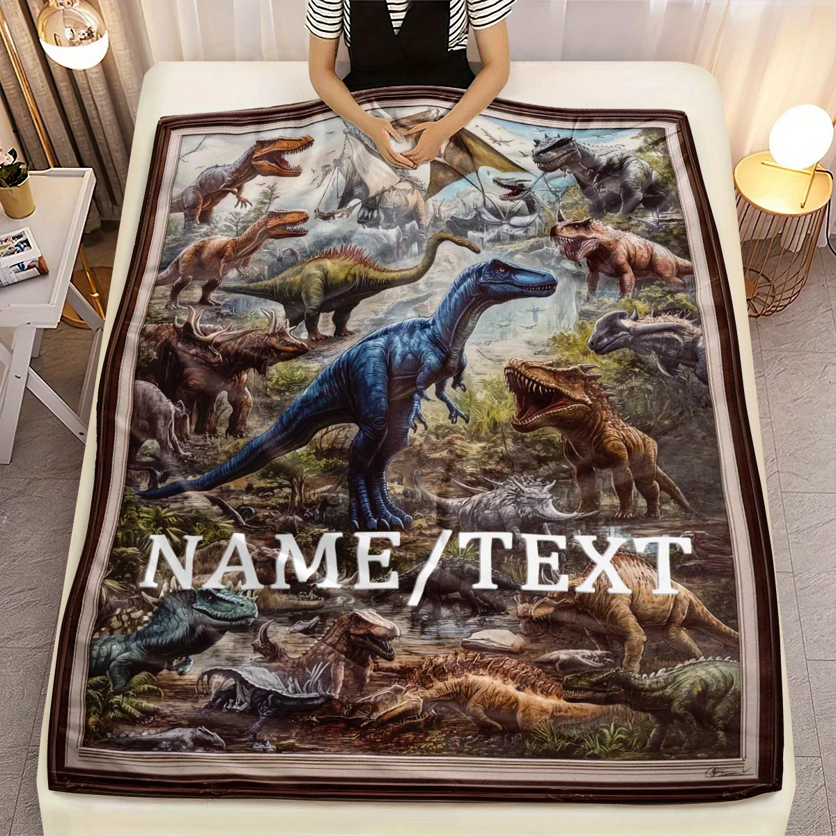 [بطانية الديناصور] بطانية الفانيلا المطبوعة على شكل ديناصور قابلة للتخصيص - رمي ناعم وخفيف الوزن مع تصميم جوراسي عالي الدقة للسفر