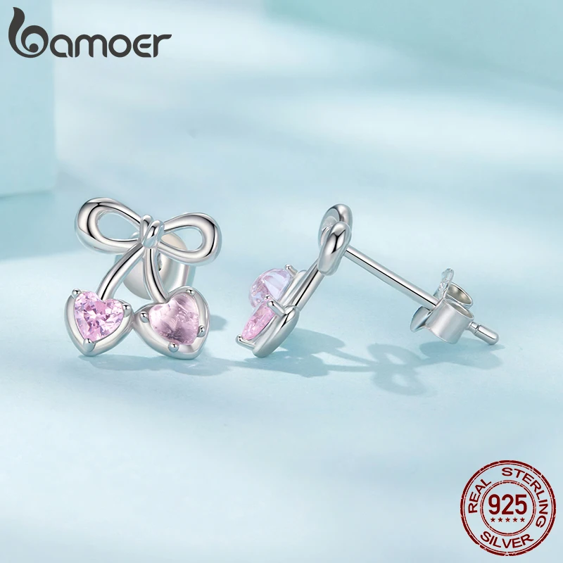 

Серьги-гвоздики BAMOER из стерлингового серебра 925 пробы с розовым сердцем и вишней, серьги-кольца с бантом для женщин и подростков, сладкий гипоаллергенный рождественский подарок