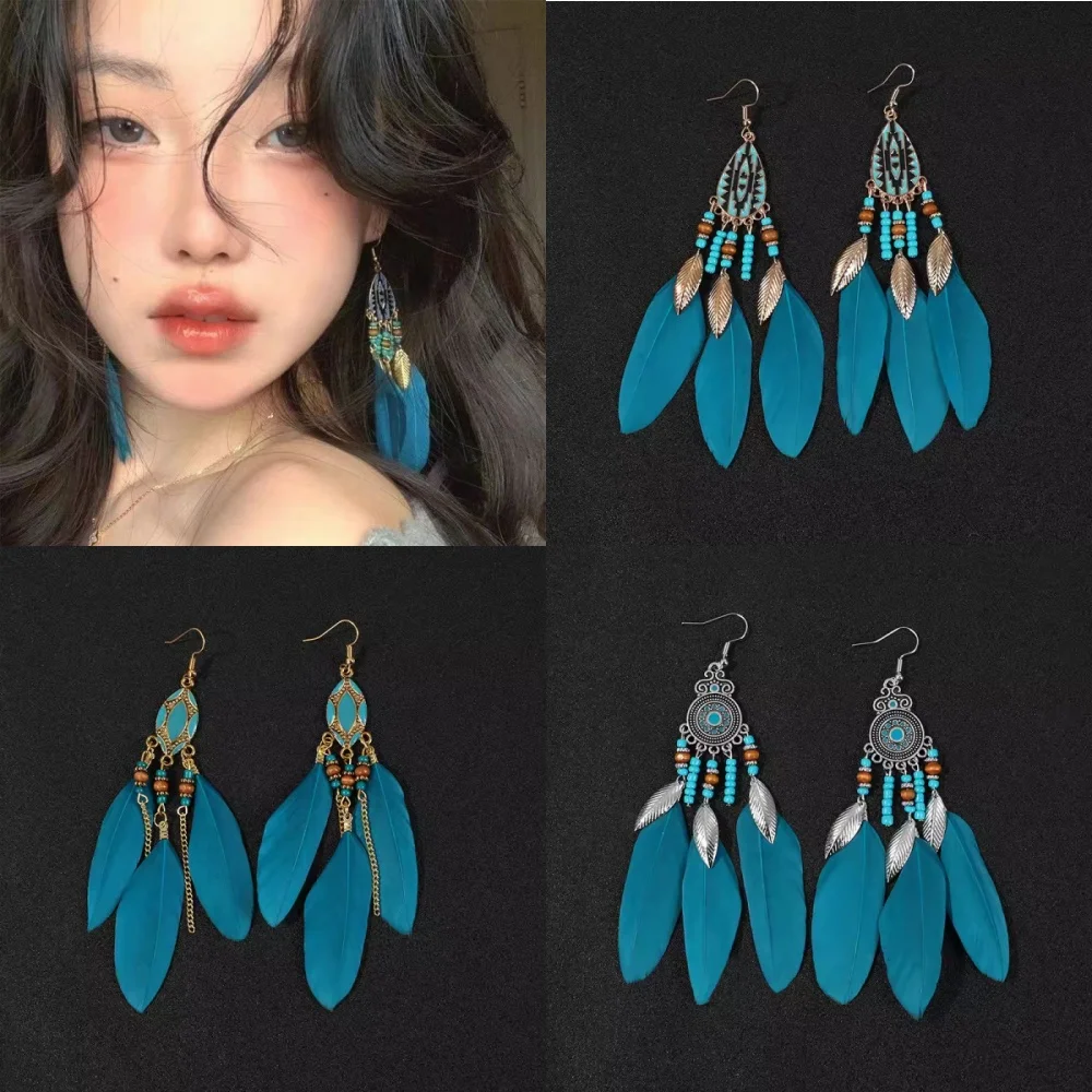 Bohemian Vintage Jewelry For Women Trendy Carved Leaf Feather Tassel Long Earrings Handmade Beach Vacation Drop Dangle Jewelry