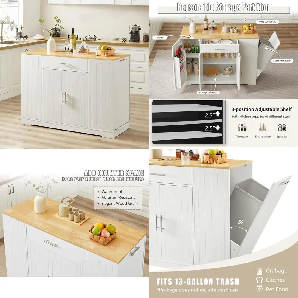 

53" Kitchen Storage Islands with Ders and Trash Can,ern armhouse Design Storage Bar Cabinet w/Spice Rack & Adjustable Shelves,or