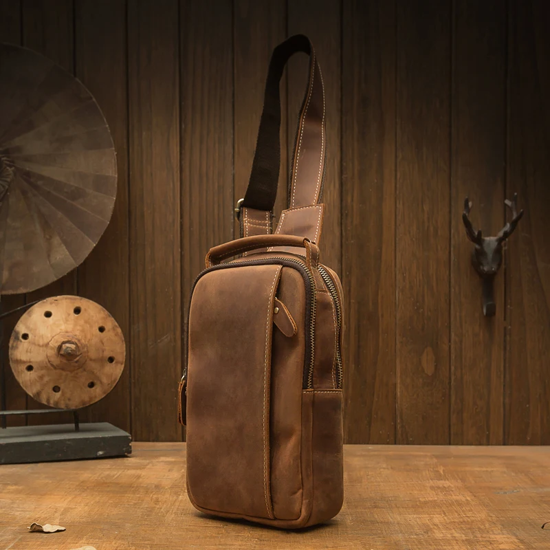 Handmade Genuine Leather Chest Bag Male Daily Travel Vintage Cowhide Leather Shoulder Bag Fashion Outdoor Cross body Sling Bag