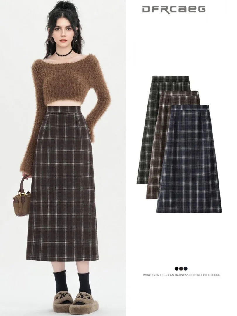

Autumn Winter Vintage Plaid Straight Skirt Long High Waist Casual Slim Open Sexy Split Midi Skirts Lady