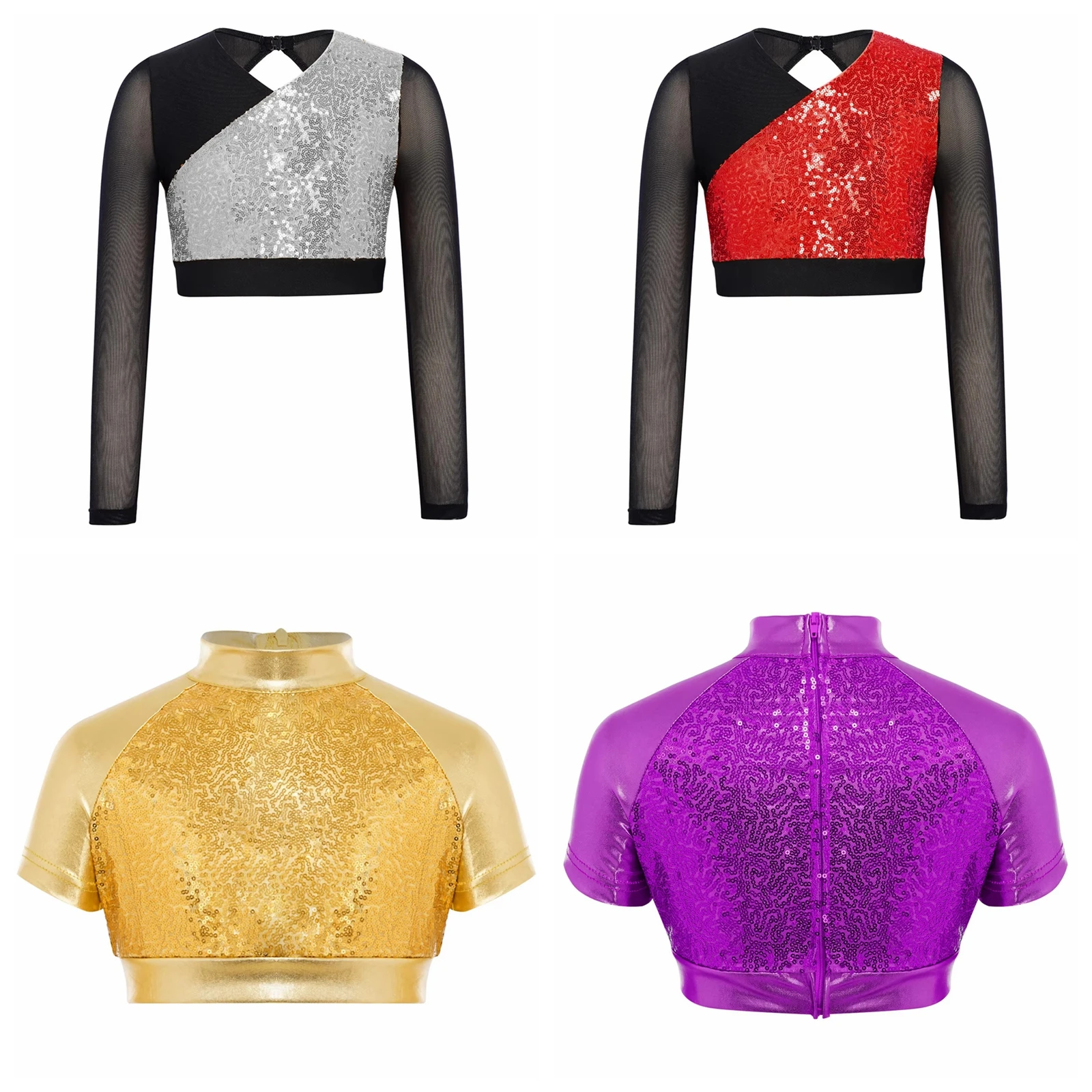 Children's T-Shirts Mock Neck Kids Girls Disco Costume Sequins Hip Hop Jazz Dance Costume Metallic Dance Top Shiny Crop Top