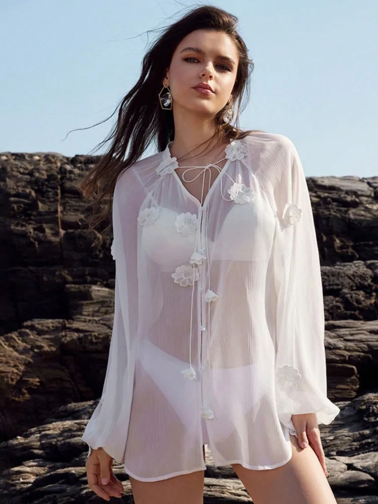 

Summer Cover Ups Women Swimsuit Long Sleeve Robes Bathing Suit 2026 New Solid Color Beach Holiday Mini Dresses Cover-Up