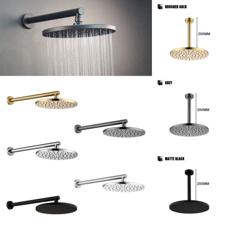 

Chrome Round 10 inches ABS Rainfall Shower Head Bathroom Accessory Wall Mounted Shower Arm Accessories Brushed Gold