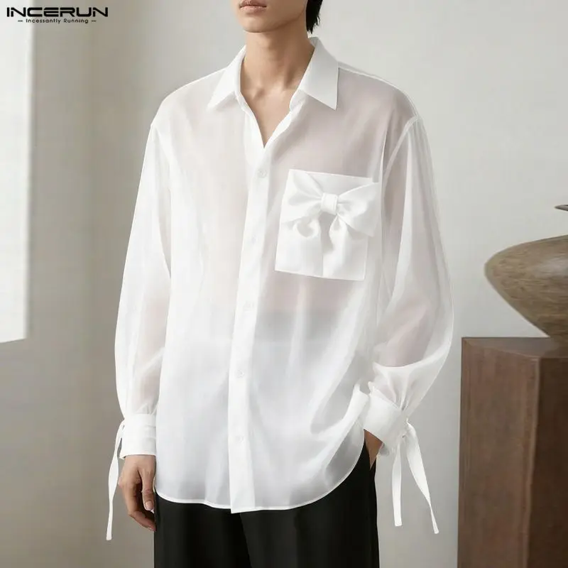 

INCERUN Мужская рубашка с однотонными лацканами и длинными рукавами на пуговицах Мужская одежда Уличная одежда Свободные модные повседневные топы с бантом Мужские рубашки S-5XL