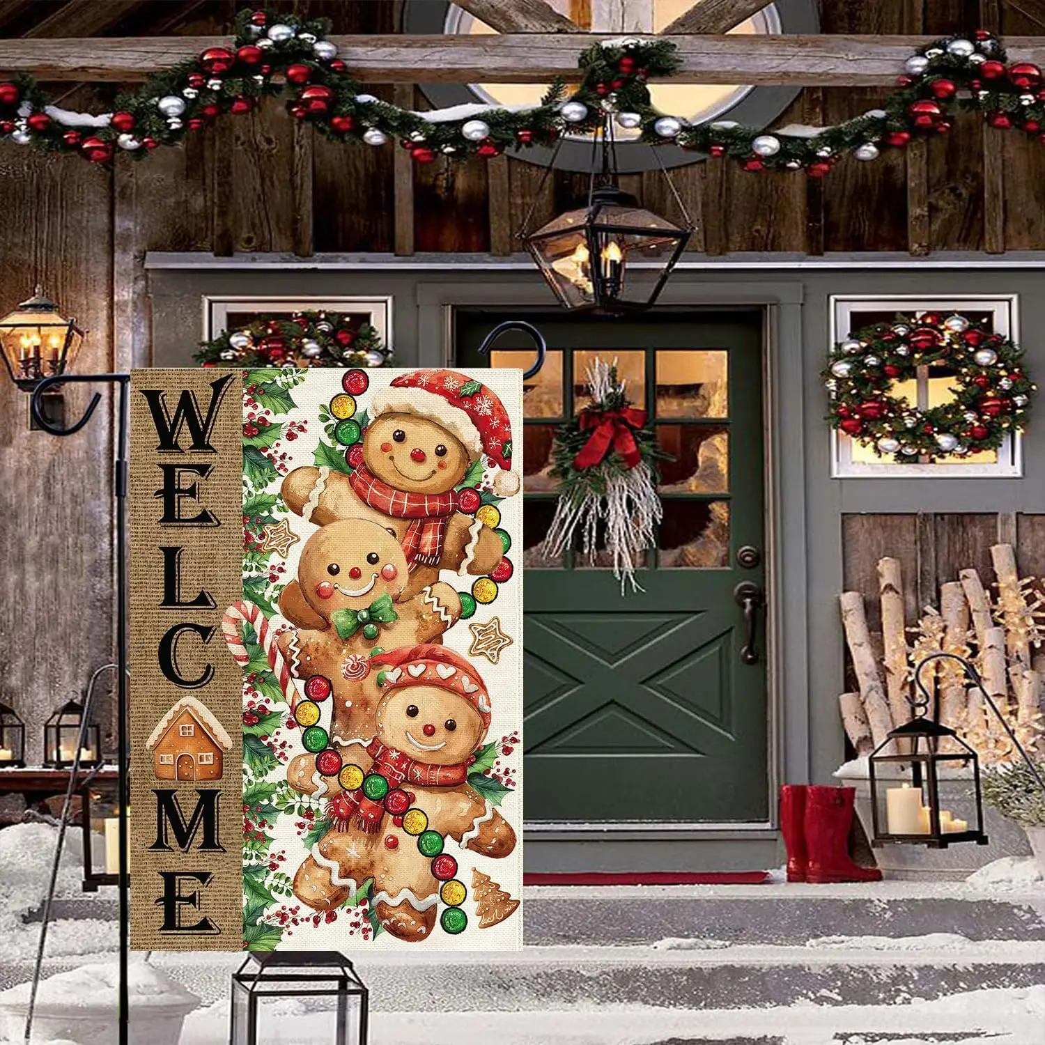 12x18 Inch Large Double-Sided Gingerbread for Man Welcome Garden Flag with Candy Cane Holly Red Berries