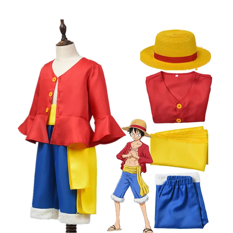 

Anime Monkey Luffy Cosplay Costume Boys Role Playing Clothes Tops Pants Straw Hat For Girl Party Costumes Carnival Outfits