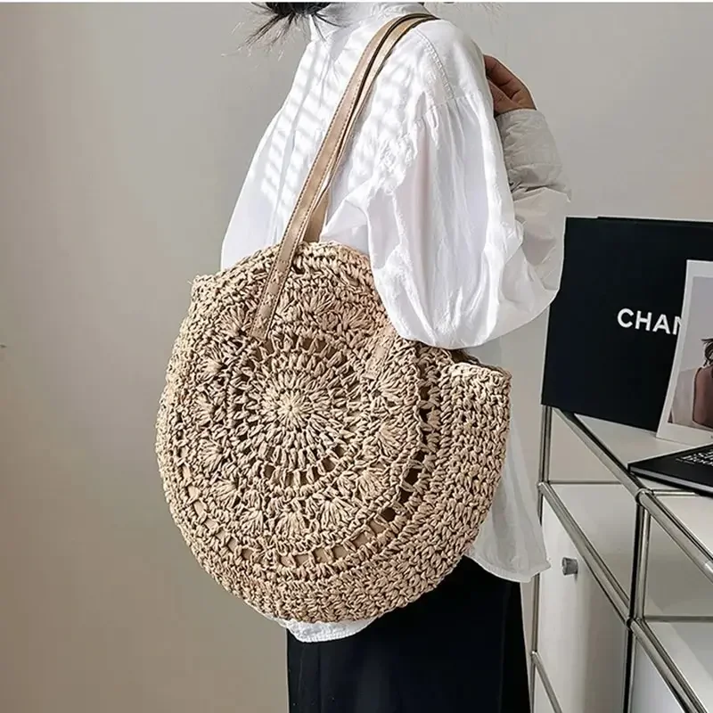 2024 Summer Round Straw Women Tote Bag Vacation Woven Beach Shopper Shoulder Bag Large Capacity Hollow Out Simple Shopping Bag