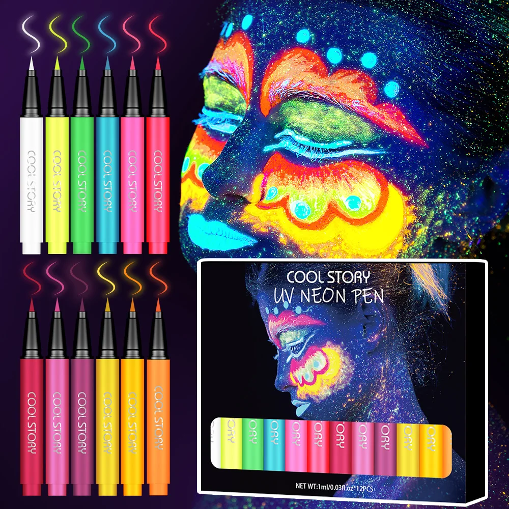 12 สีอายไลเนอร์ Stick Set,ปากกาอายแชโดว์เรืองแสง UV Glow,Neon Paint อายไลเนอร์สีเรืองแสงปากกาแต่งหน้าสําหรับเพลง