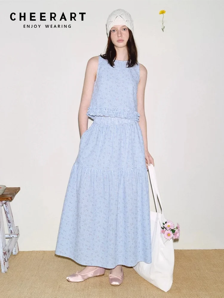 

CHEERART Cottagecore Plaid Floral Summer Outfit 2 Pieces Set For Woman Designer Blue Sleevless Top And Midi Long Skirt Set