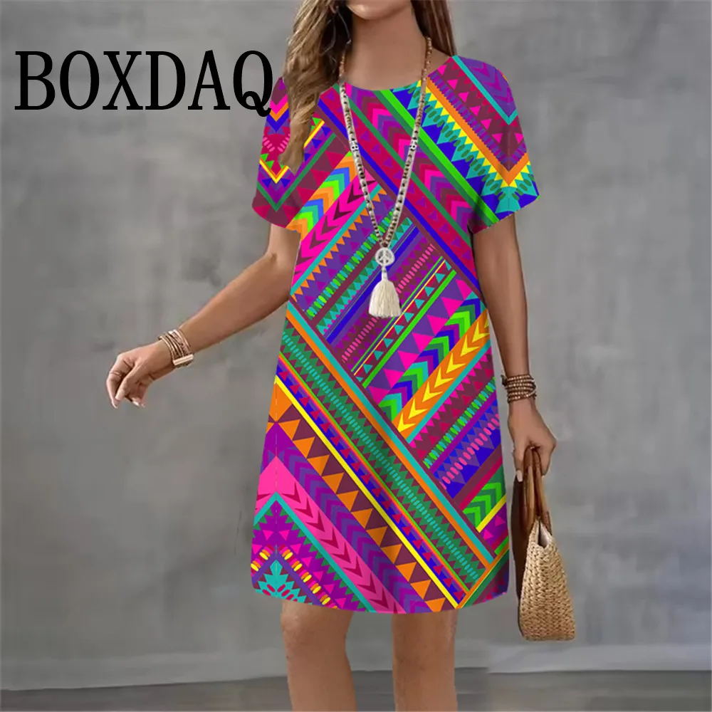 Fashion Ethnic Style Geometric Dress Retro 3D Print Women Loose Short Sleeve Dresses Summer Casual Woman Clothing 2026 Vestidos