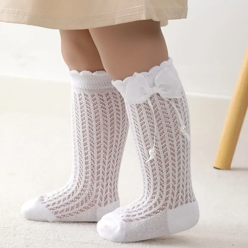 5 Colors Infant Bowknot Pearl Design Mesh Stockings,Sweet Knee Length Cotton Socks for Baby Girls Kids Party Ball Hosiery Gifts