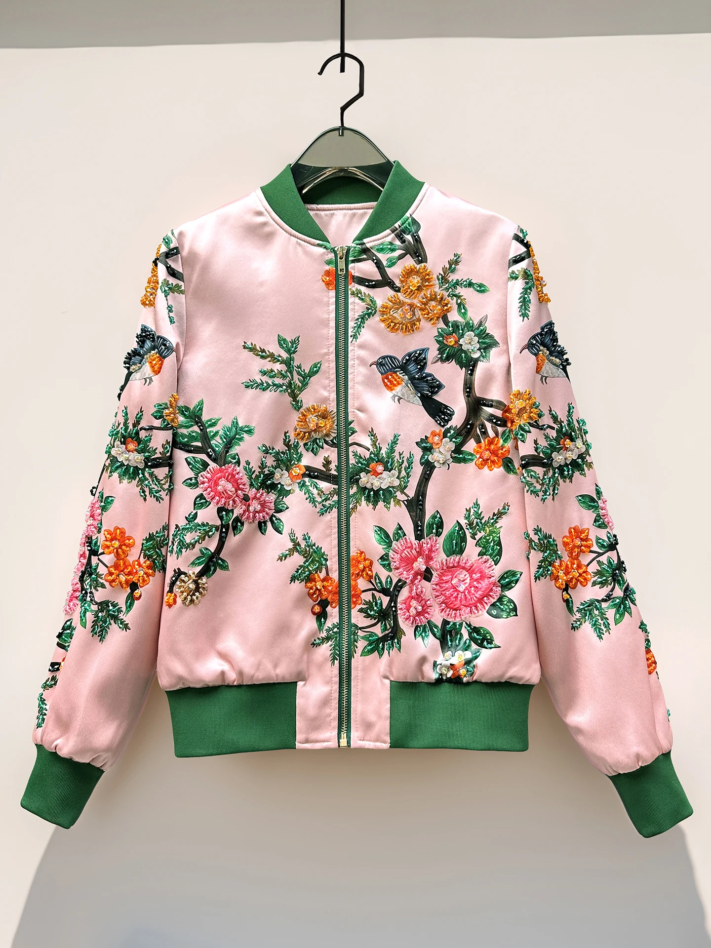 New Autumn Lady's Jacket Heavy Embroidery Floral Print Luxury Baseball Style Short Outerwear Women's Loose Fit Long Sleeve