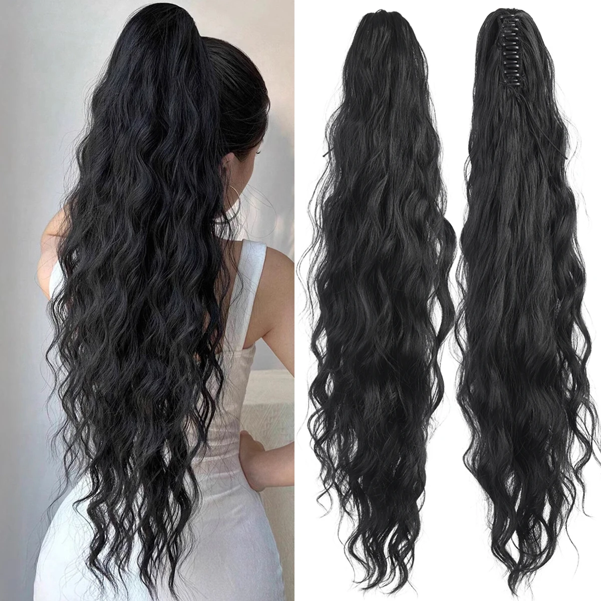 

water ponytail hair extension clip on woman's ponytail hair accessories long curly wig natural curly black