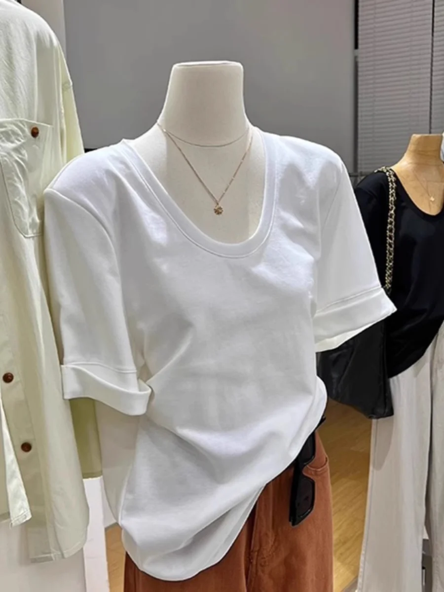 Summer Loose Cotton Short Sleeve T-Shirt Women's U-Neck Padded Shoulder Cuffed Hem Half Sleeve Pure Color Commute Style