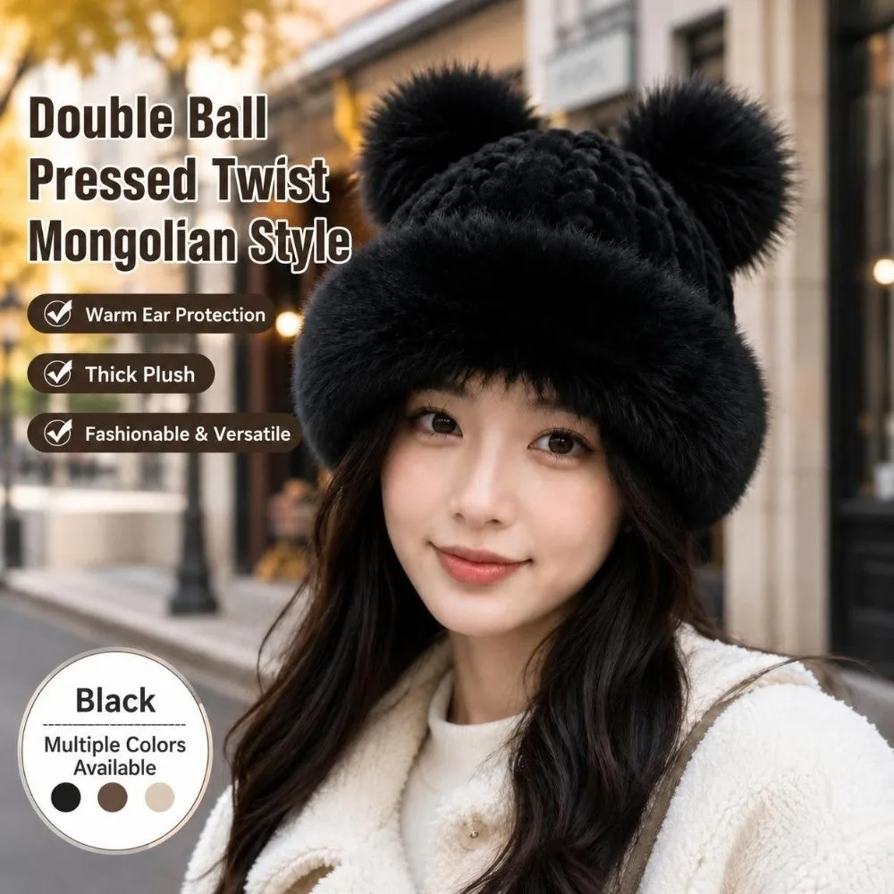 Polyester Cable Knitted Hat Fur Trim Cold Proof Fluffy Mongolian Hat 58cm Head Circumference Face Slimming Double Pom Hat