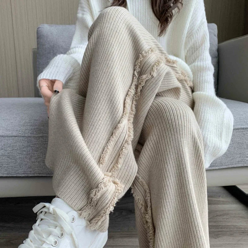 Fashion Women Tassel Knitting Pants Wide Leg Pants Wool High Waist Straight Pants Casual Loose Soft Drawstring Trousers