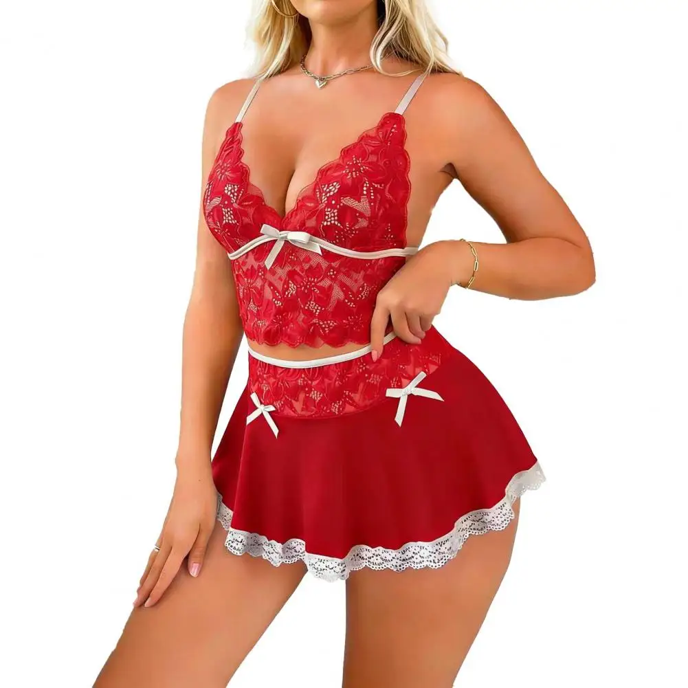 

Женский пижамный комплект из двух предметов: сексуальный кружевной комплект для дома, прозрачный укороченный топ-камисоль с V-образным вырезом и бюстгальтером, короткая юбка, летний вариант