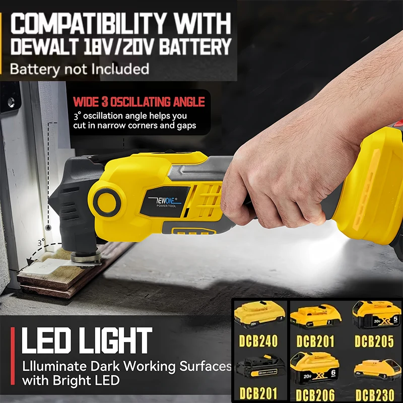 Alat Multi Fungsi Tanpa Kabel Brushless untuk Baterai 20V Max, Kit Mata Gergaji Osilasi Anti-getaran, 6 Kecepatan, 4 °   Bergoyang-goyang