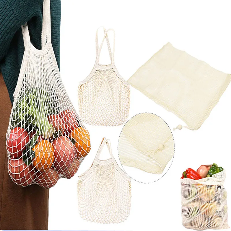 Portable Reusable Grocery Bags Vegetable Bag Washable Cotton Mesh String Organic Organizer Handbag Short Handle Net Tote