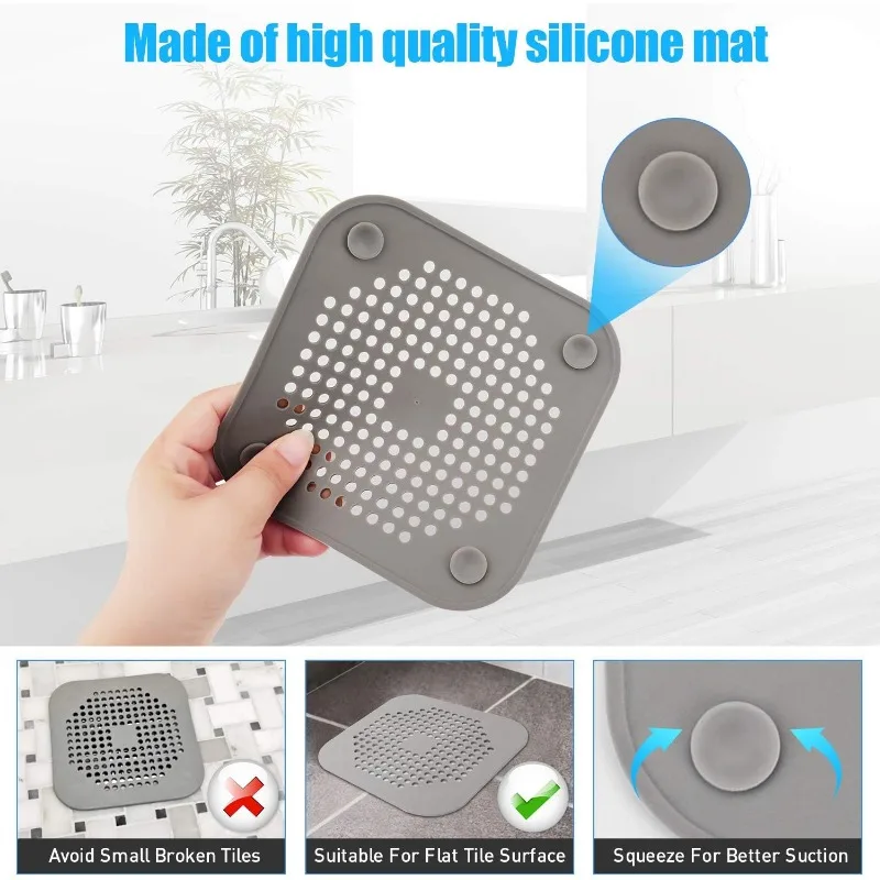 Drain Cover Shower Drain Hair Catcher Flat Silicone Plug Bathroom Kitchen Square Filter Shower Drain Protection Sink Strainer