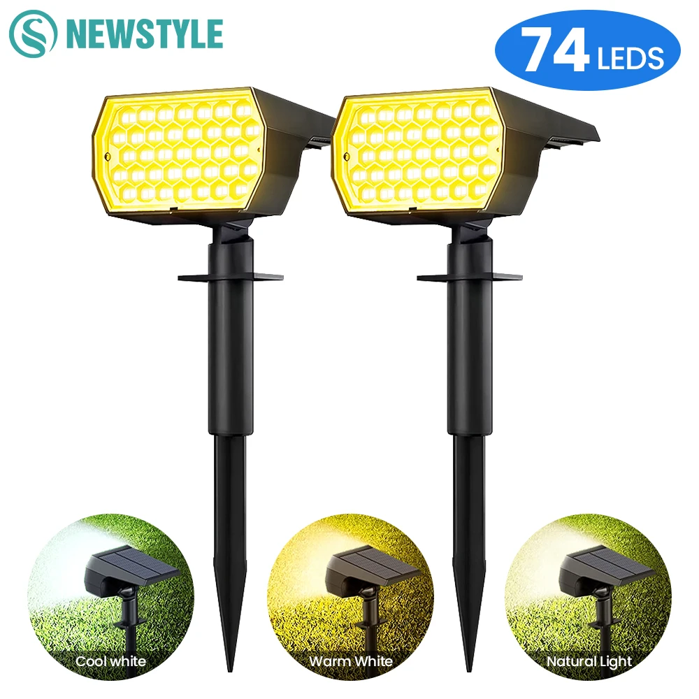 1-6PCS 74LED Tricolor Solar Spot Lights Super Bright Waterproof IP65 Solar Powered Garden Lighting For Outside Landscape