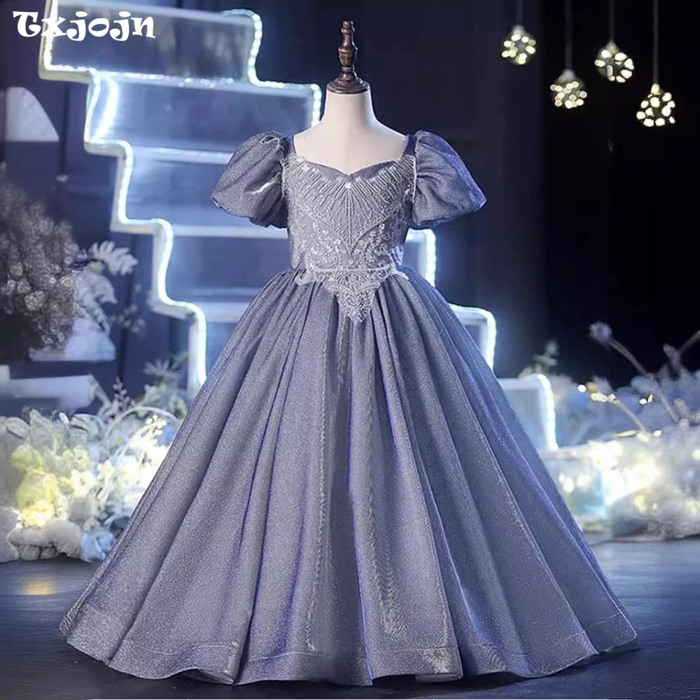 

Exquisite Glitter A-line Long Princess Gown For Kids Birthday Party Sequined Beadings Girls Puff Sleeve Dressses Catwalk Show