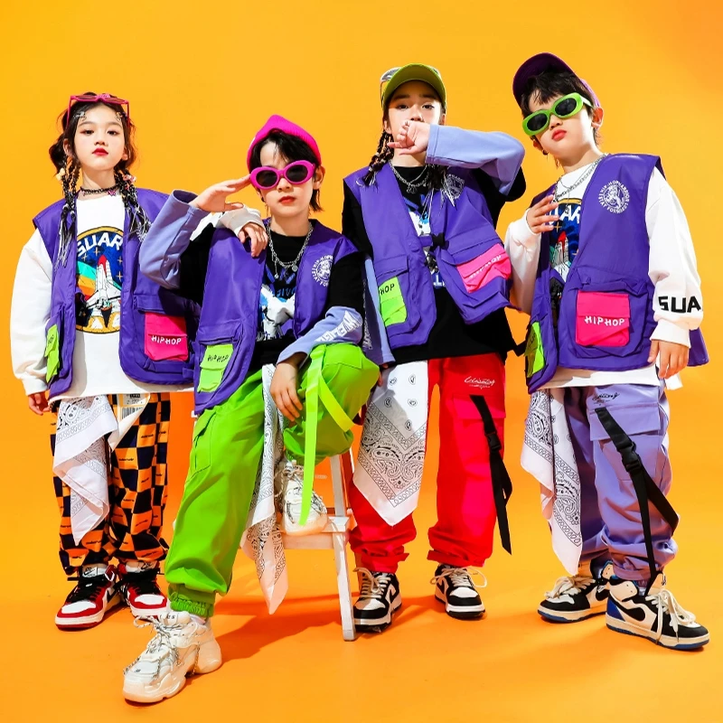 Hip Hop Teen Kids Colorful Cargo Pants Purple Vest Top Boys Girls Streetwear Clothes Suit Children Jazz Street Dance Stage Sets