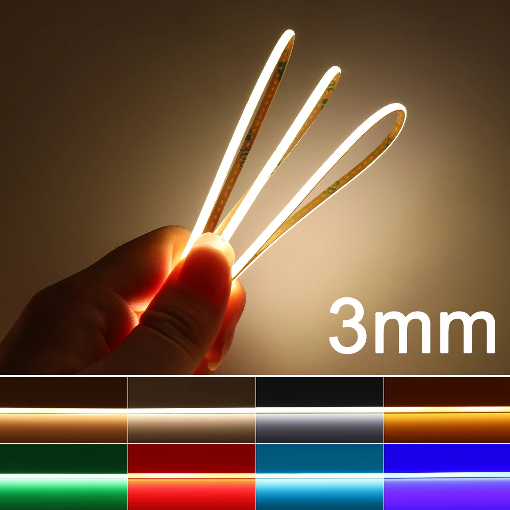 3MM COB LED Strip Red/Yellow/Green/Pink/Blue/Cool Blue/Warm/Natural/Cool White High Density Flexible Dimmable RA90 LED Strip