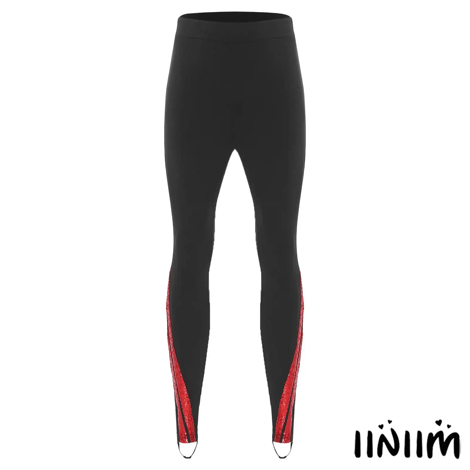 

Men Lyrical Gymnastics Long Pants Shiny Sequins Contrast Color Leggings with Buckled Straps Stirrup Pants Ballet Latin Dancewear