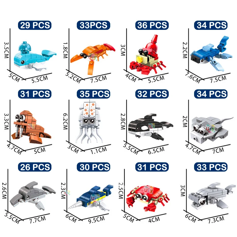 Moc 12in1 Ocean Marine Fish Animals Lobster Killer Whale Seal Ray Hermit Crab Model Set Building Blocks Diy Toys for Kids Gifts