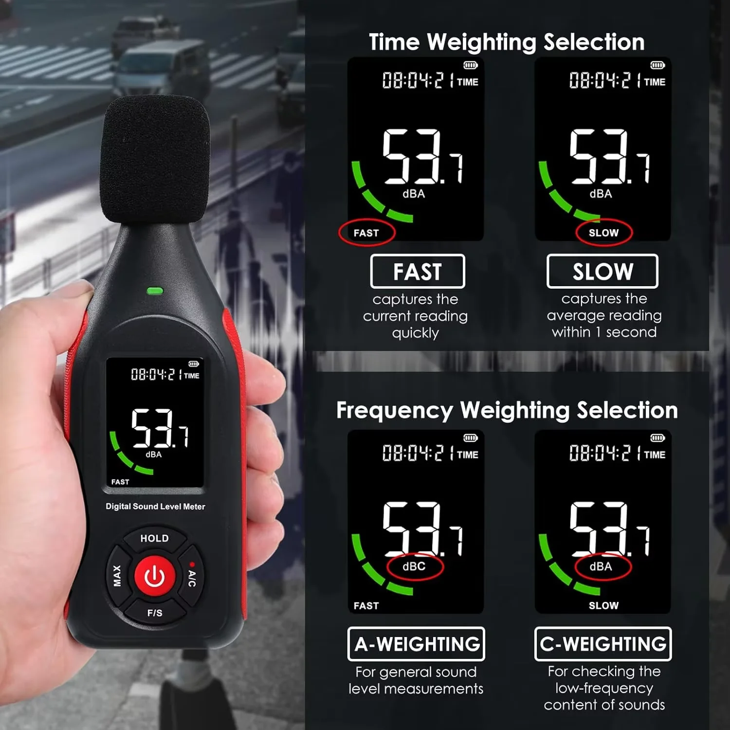 Pengukur Desibel, Monitor Tingkat Desibel Suara & Kebisingan, Pengukur SPL 30dB hingga 130dB(A) dengan Perekam, Alarm Visual, Berbobot A/C