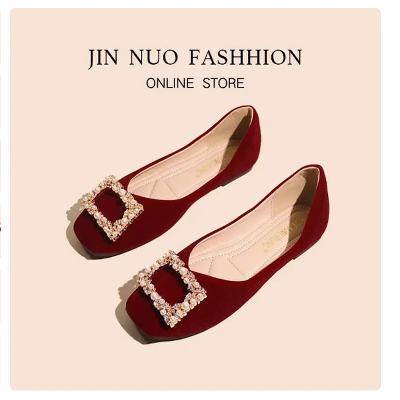 2025-赤新結婚式の靴女性フラットシューズファッション浅いスリップオンレディースエレガントなバレリーナシューズソフトフラットヒール屋外-casua