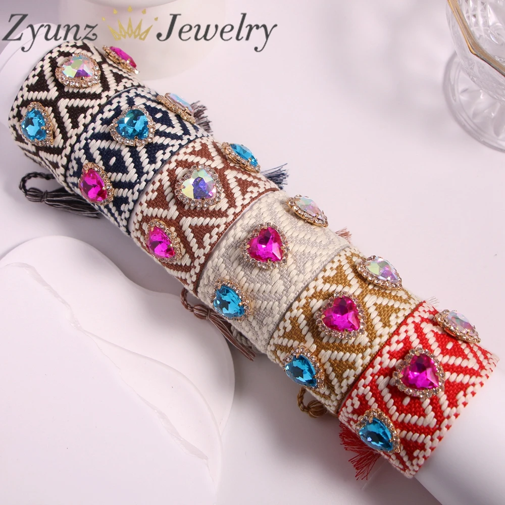 5PCS, Ethnic Style Heart Hand-woven Braided Fabric Bracelet for Women Lace Up Adjustable Tassel Rope Wrap Bracelets Wholesale