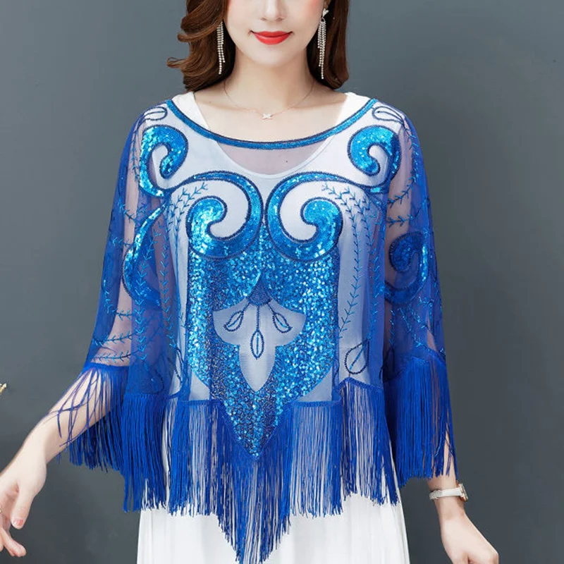 Summer New Fashion Sequins Perspective Tassel Lace Capes Ladies Elegant Fashion All-match Ponchos Femme Temperament Tops Women