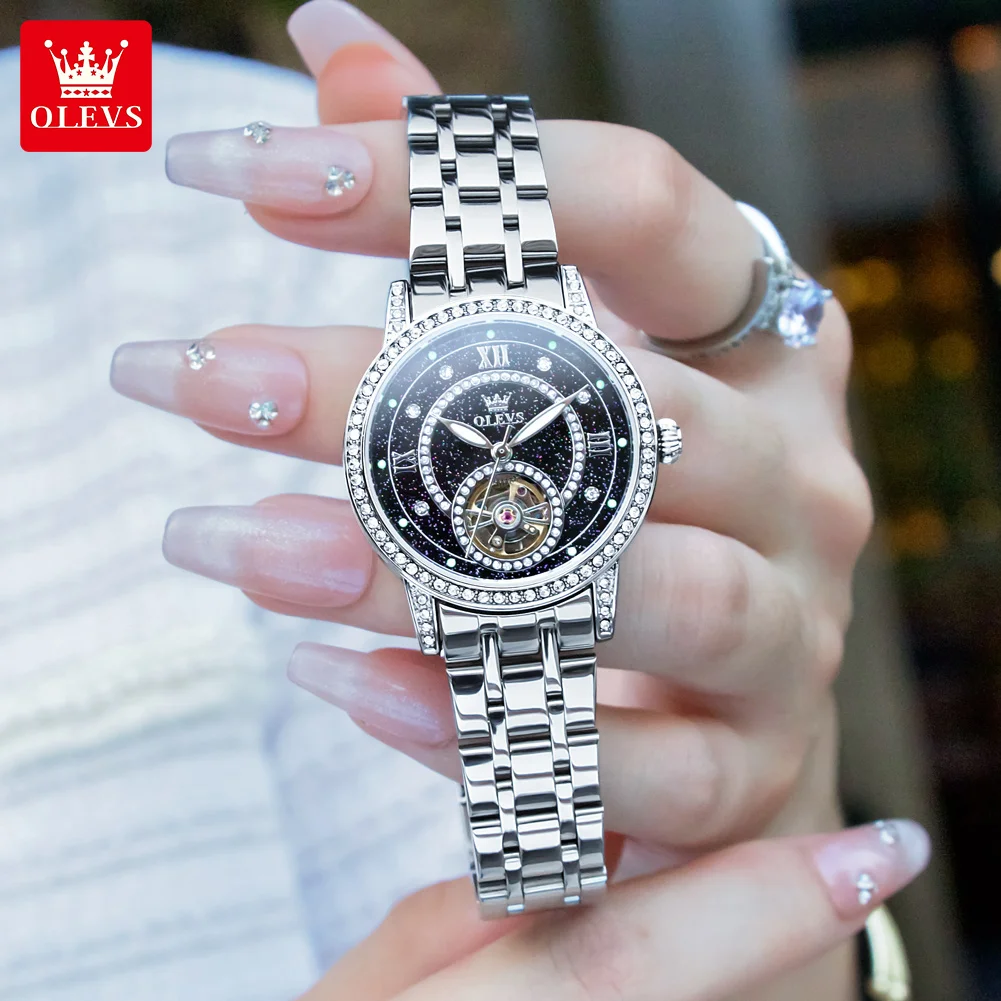 OLEVS 7036 Luxury Hollow Women's Watch Elegant Diamond Starry Sky Fully Automatic Mechanical Watch Waterproof Brand Women Watch