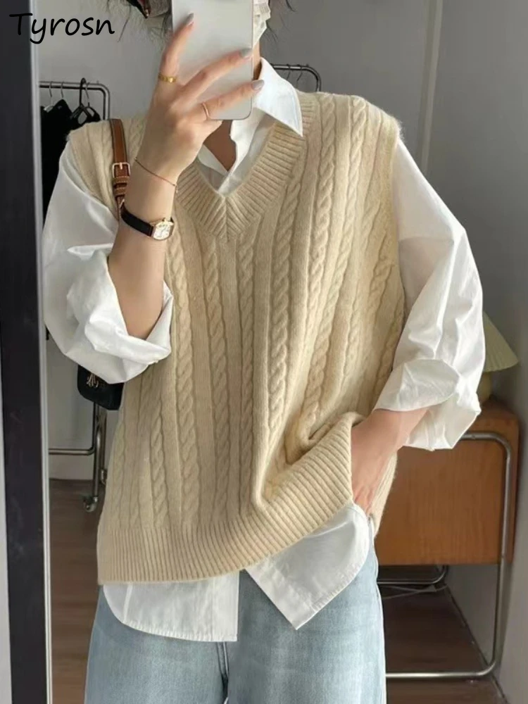 

4 Colors Korean Sweater Vests Women Winter Office Lady Basic Gentle Casual Sleeveless All-match Loose Cozy Feminino Temperament