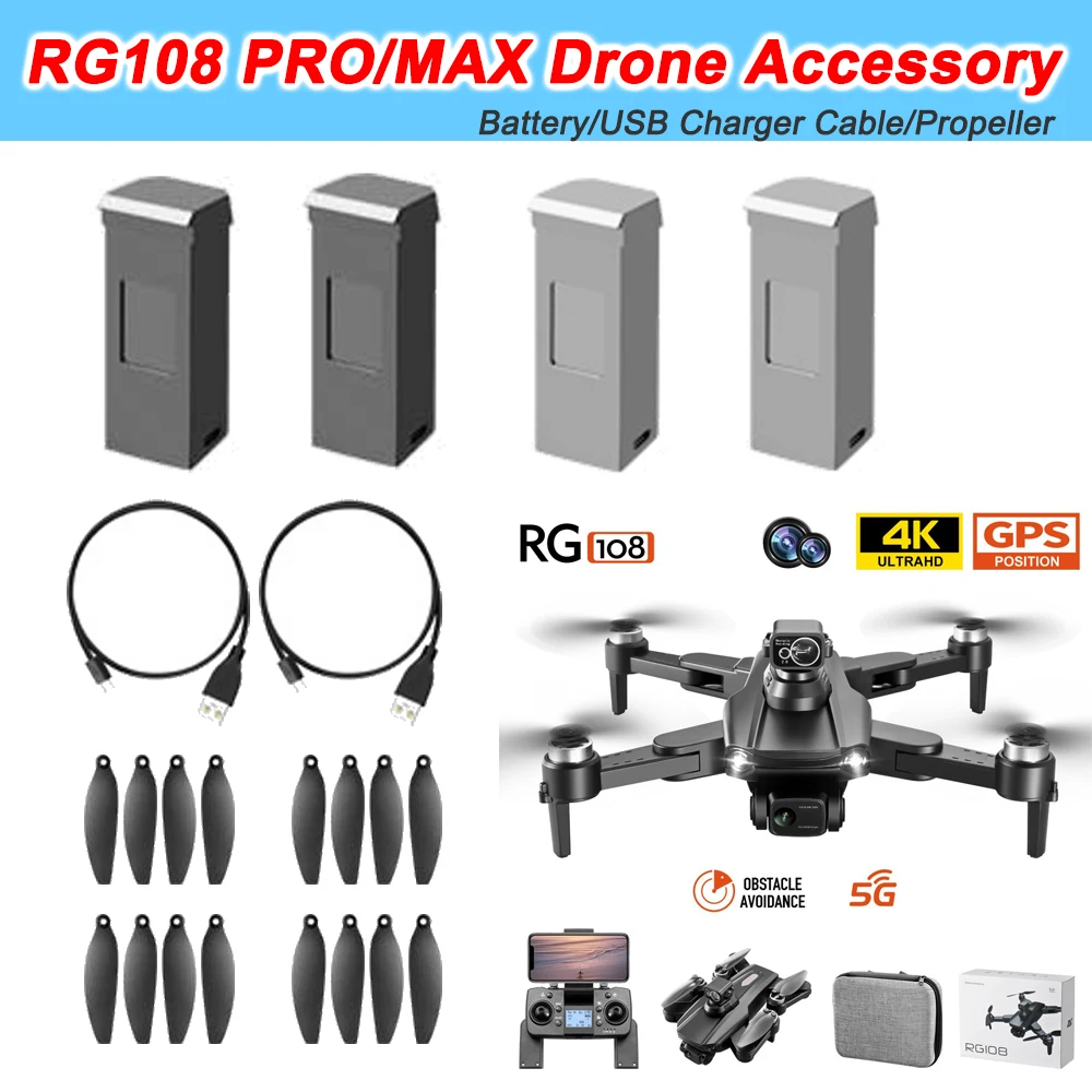 

RG108 PRO/MAX Drone Original Accessory Battery 7.4V 3000Mah / USB Charger Line / Propeller CW CCW Wing Replacement Spare Part