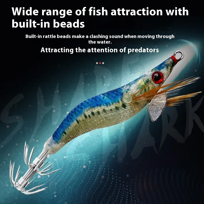 

Night Glow Wooden Shrimp Squid Hooks 1.5# Small Size Weight Rattling Bead Cuttlefish Squid Hook Wooden Shrimp Lures Wholesale