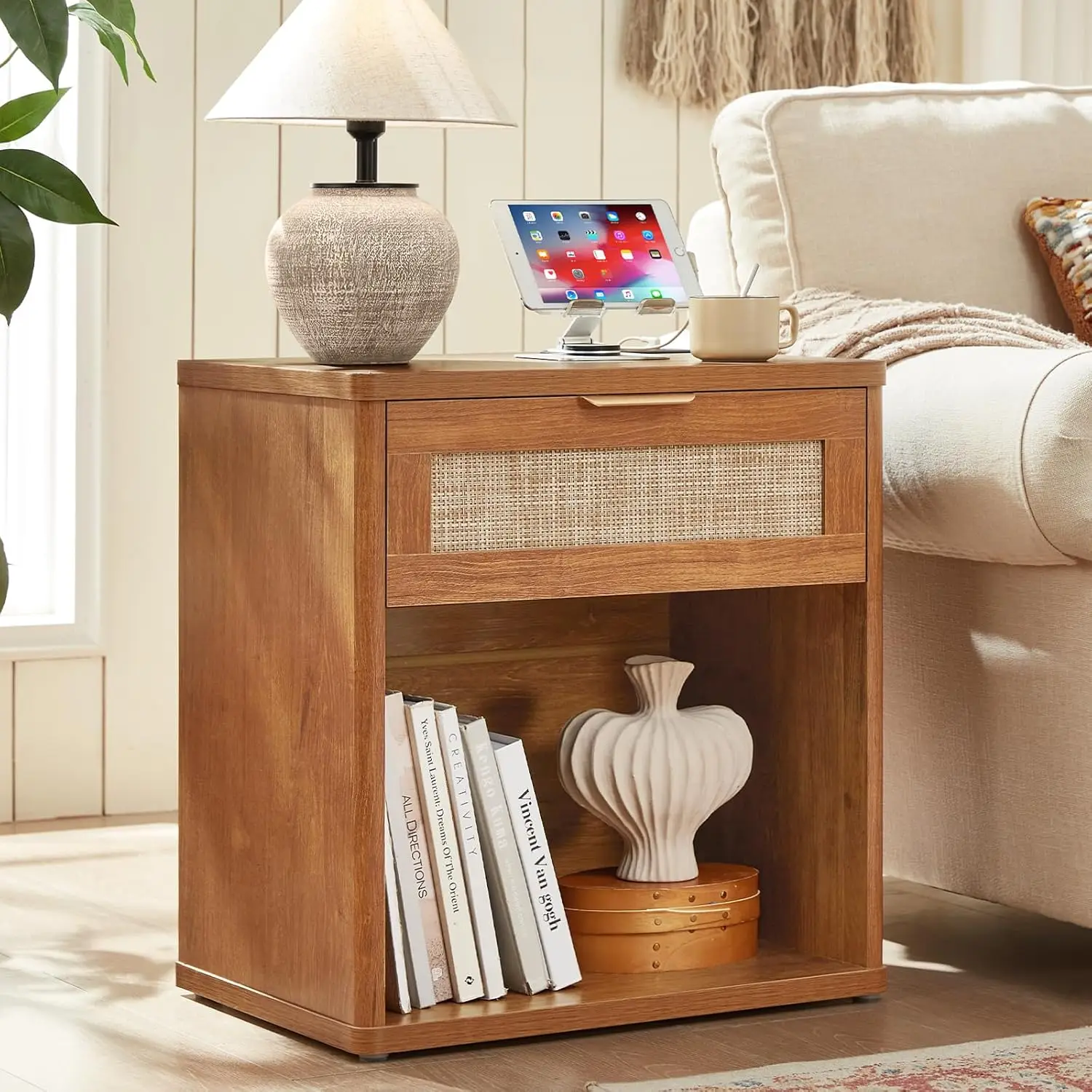 

Rattan Nightstand with Charging Station, 23" Wide Boho Night Stand with Drawer, Natural Wood Bedside Table Open, Customized