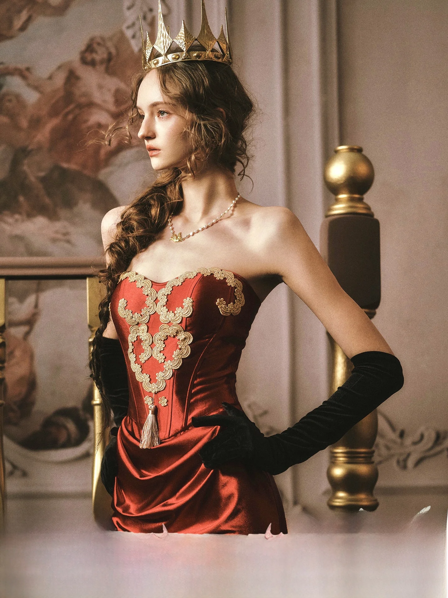 

Romantic Red Fibone Strapl Dr LaceMade Peach Heart Queen Vintage French Sle Sequin Evening Gown with Tail Skirt