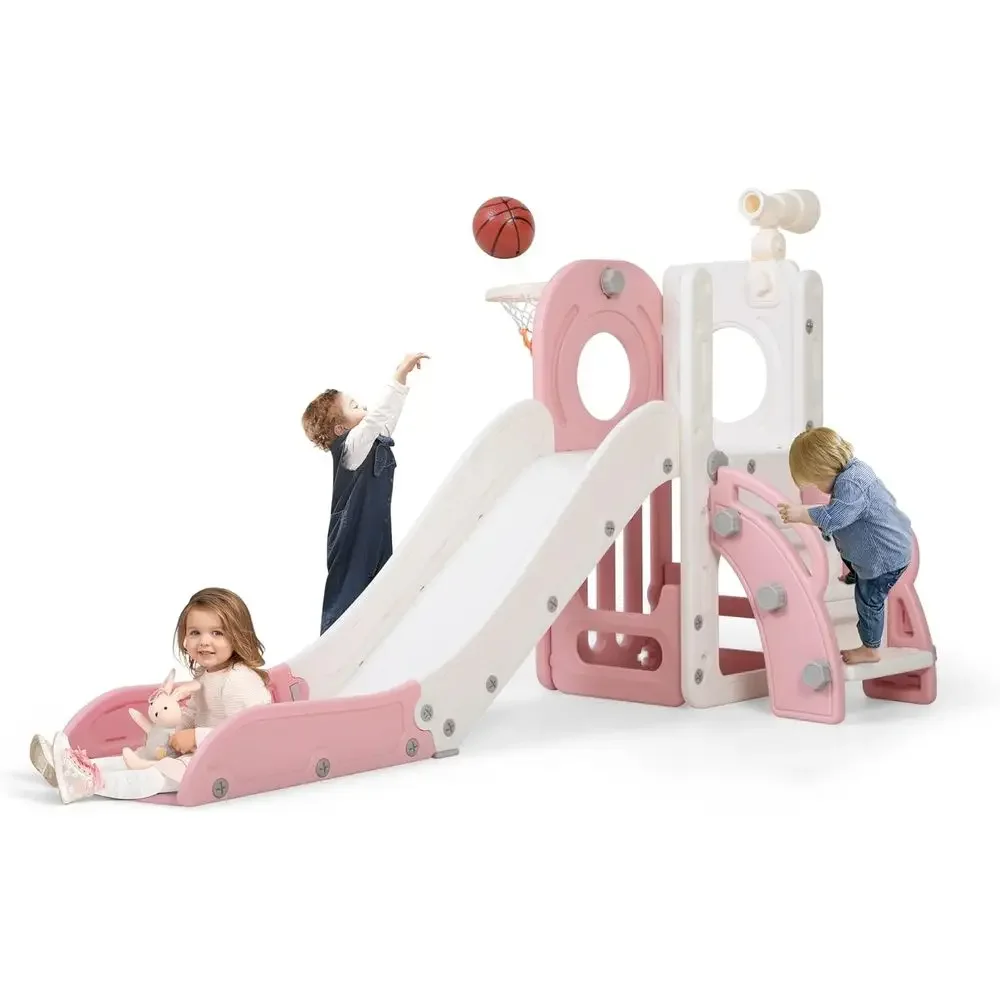 

All-in-One Pink Toddler Slide with Basketball Hoop, Telescope, and Storage for Outdoor Play