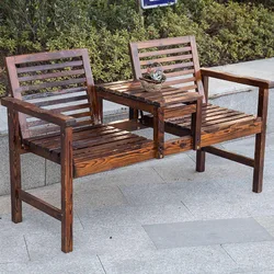 Outdoor courtyard double backrest chair anticorrosive wooden table and chair carbonized solid wood tea table bench balcony chair