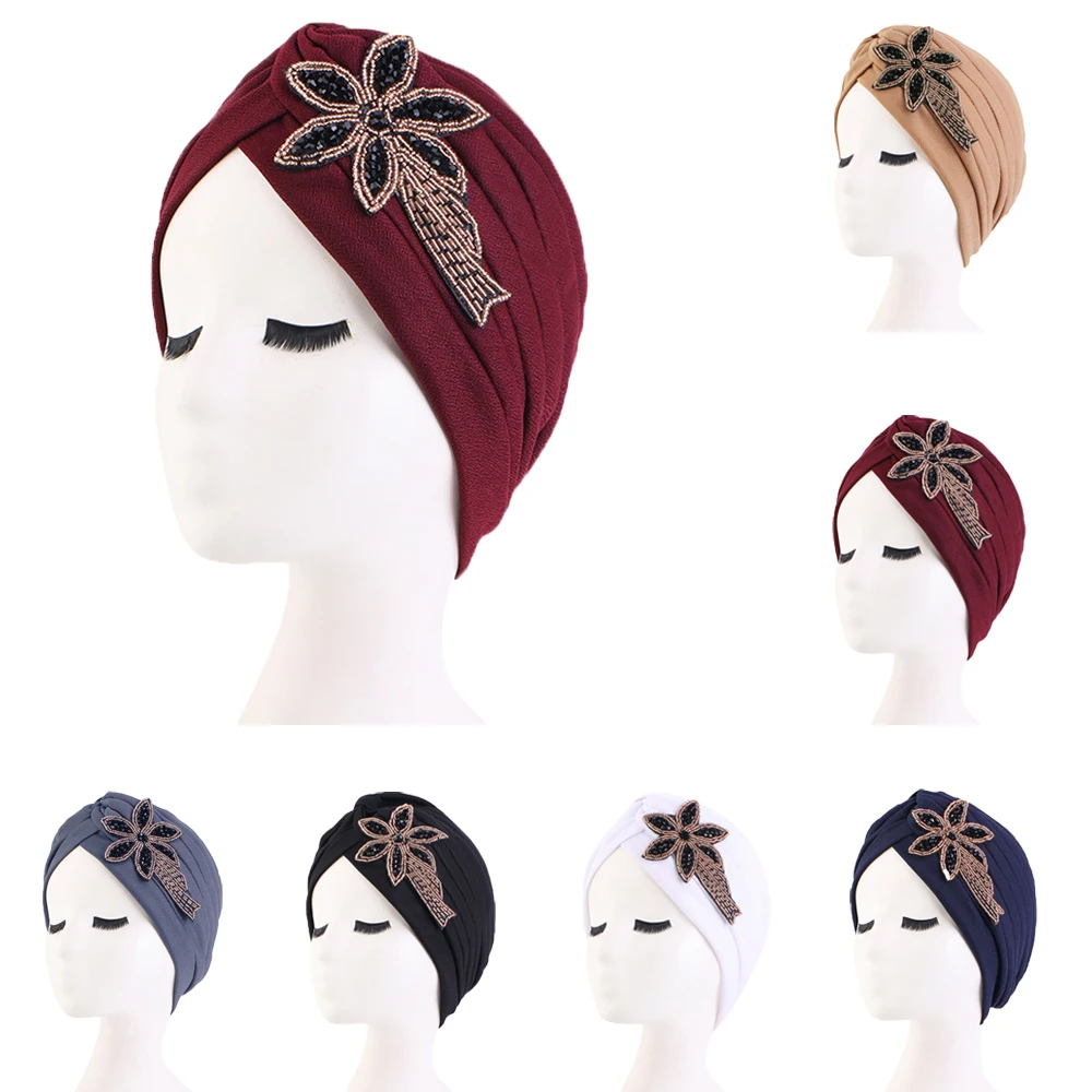 Muslim Women Diamonds Turban Hijab Hair Loss Chemo Caps Hat Bonnet Wrap Headscarf Cover Indian Stretch Femme Beanie Headband Hat