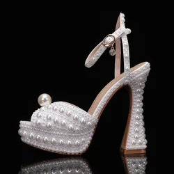 Summer Beaded Thick Heeled Women Gladiator Sandals Luxury Pearls Platform Wedges 14cm High heels Fashion Wedding Banquet Shoes