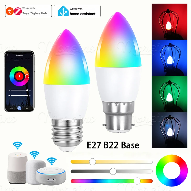 

Tuya Zigbee 3.0 Smart Candle Light E27 B22 Лампы RGBCW работает с Alexa Echo Plus Google Home Assistant APP Голосовое управление 2MQTT
