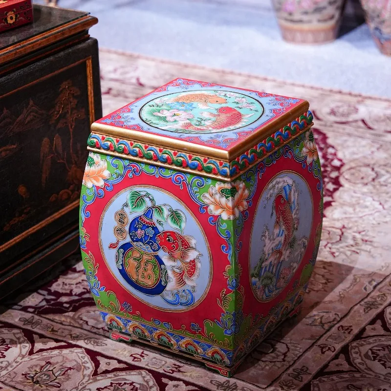 

Chinese antique square hand-painted dressing stool, home living room shoe changing stool, home flower stand