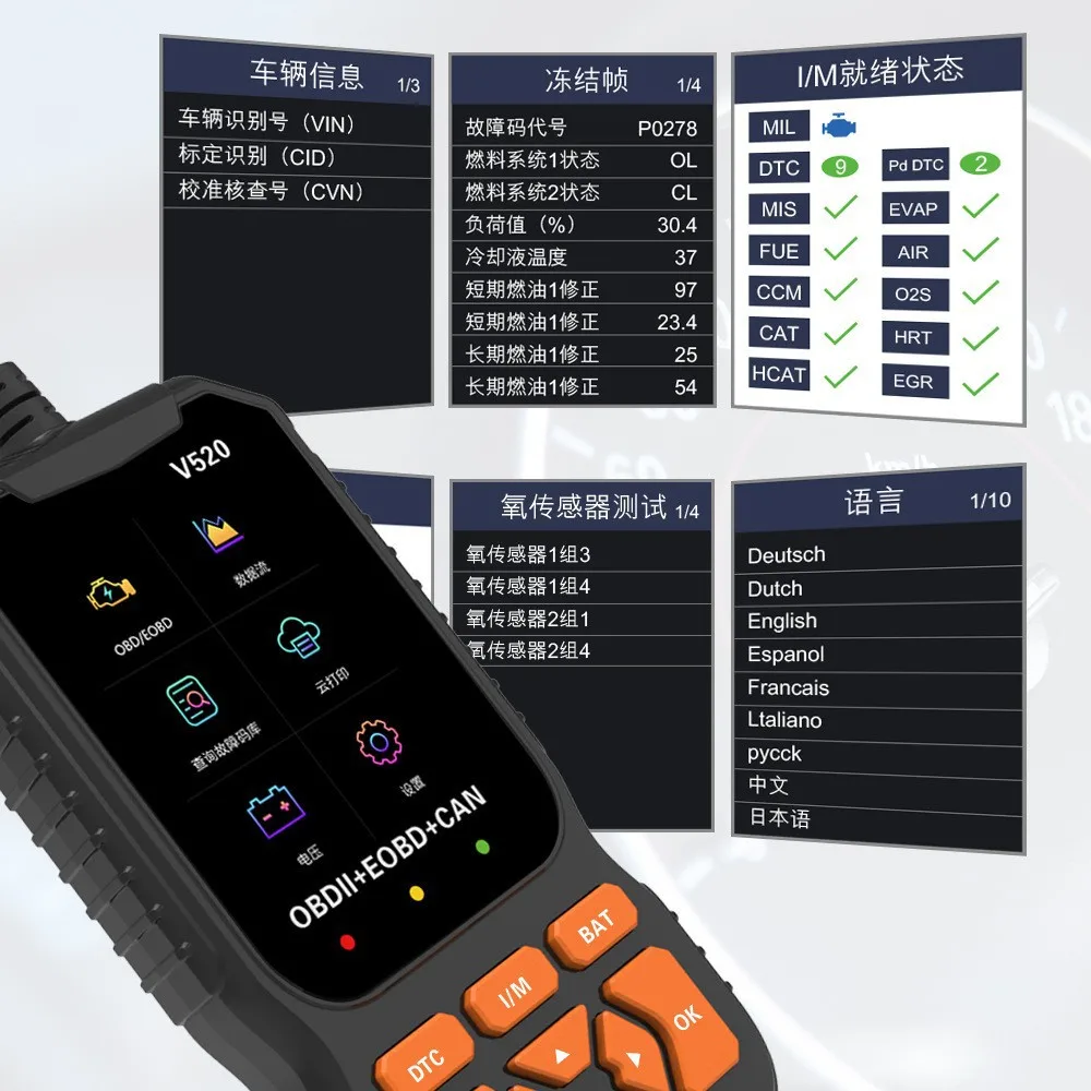 

Multilingual automotive OBD2 scanner code reader, professional V520 diagnostic tool, real-time data OBD2 fault detector