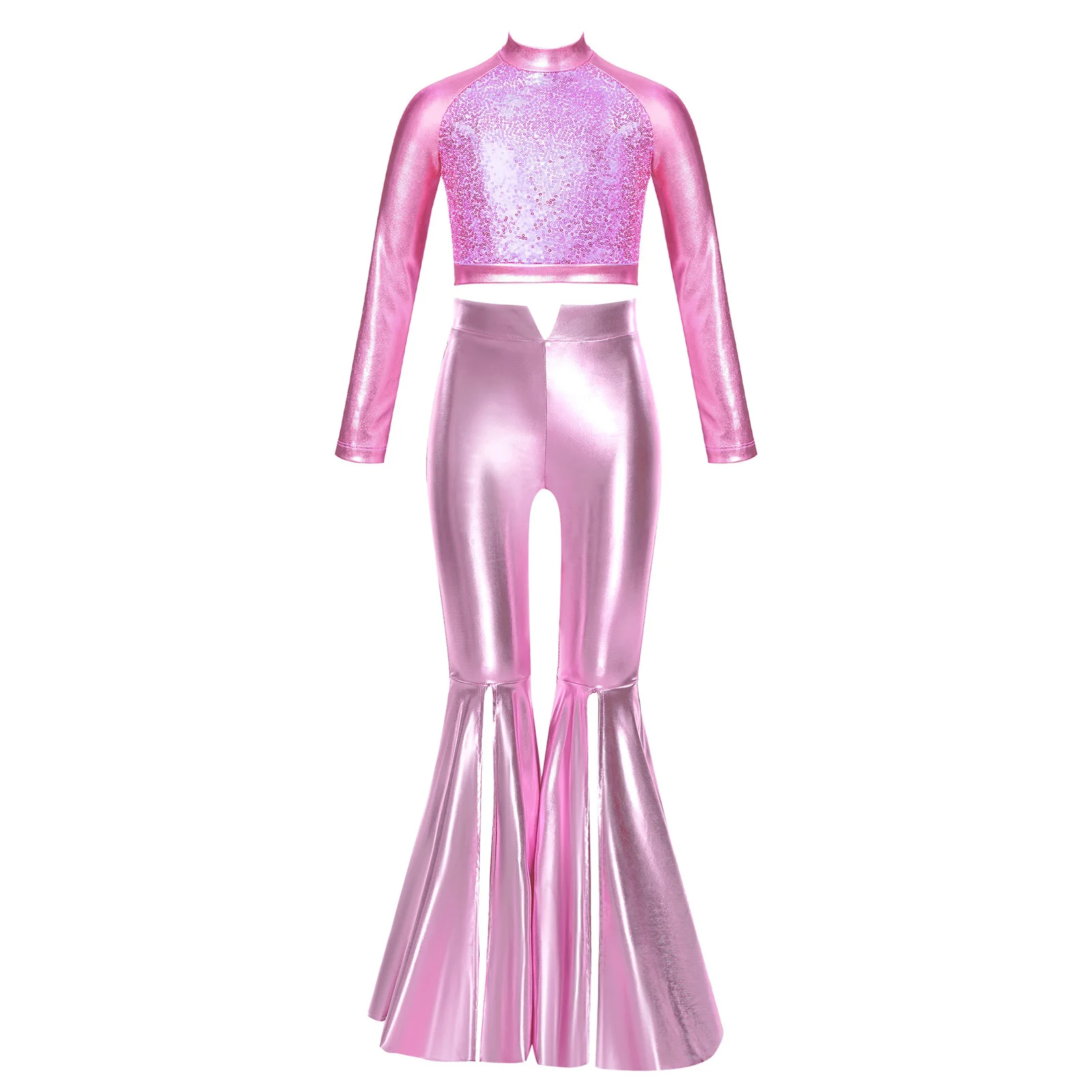 Kids Girls Shiny Disco Jazz Dance Costume Long Sleeve Metalic Sequin Crop Top Split Bell-Bottom Pants Hippie Ballroom Performace view 4